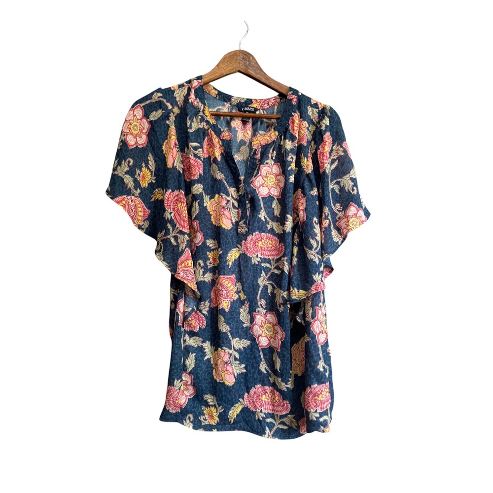 Chaps Blouse Womens Large Blue Floral Excellent Flutter Sleeve Ruffle Top